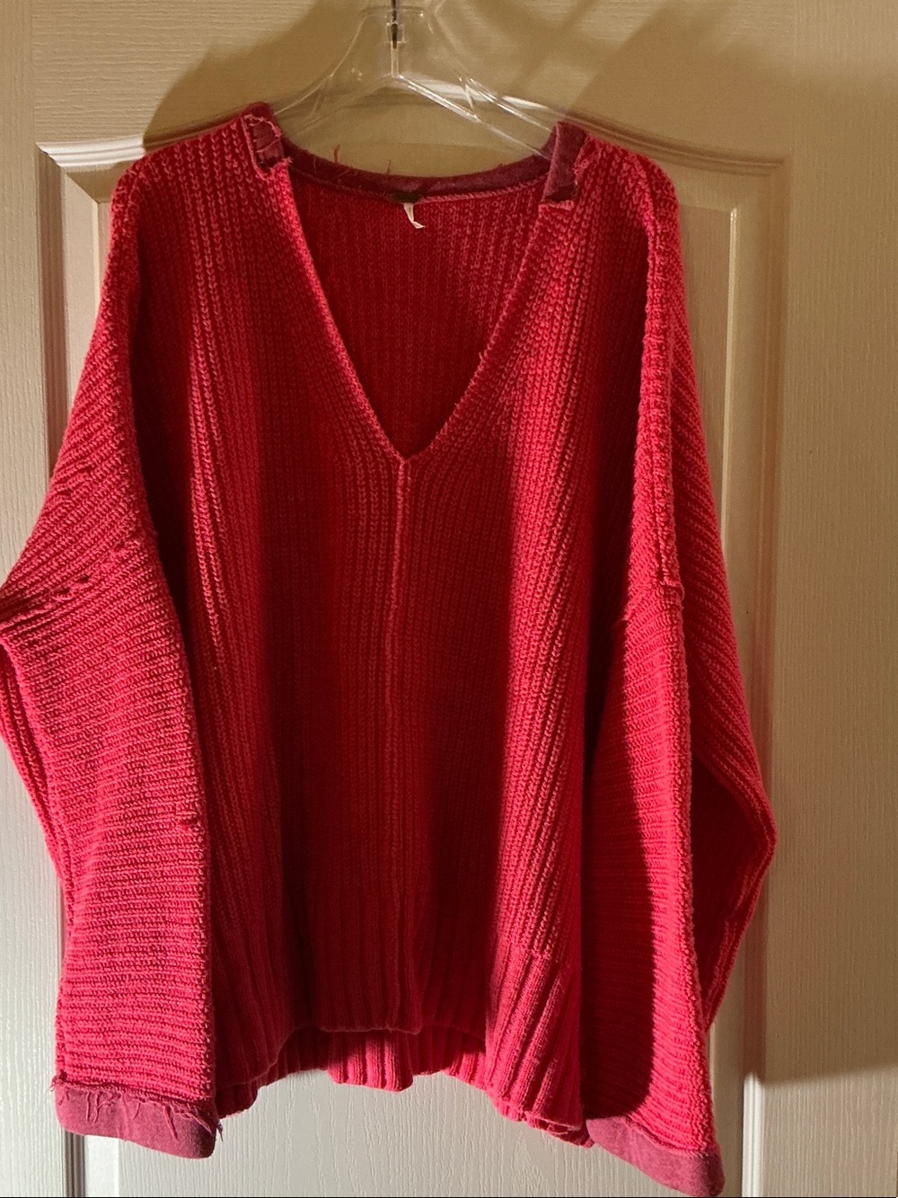 Free People Red V-Neck Chunky Knit Sweater